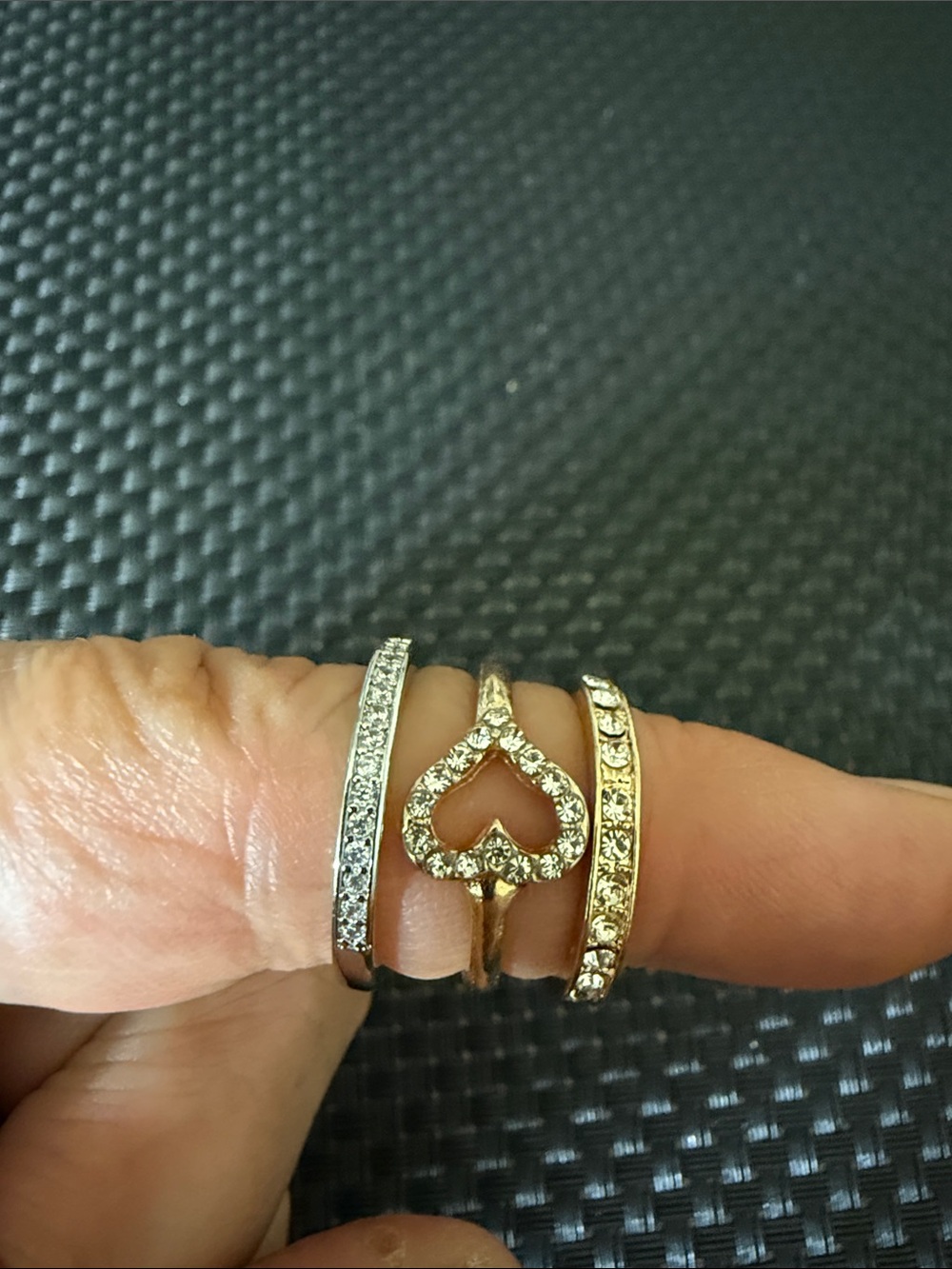 Gold and Silver Crystal Heart Trio Ring Set